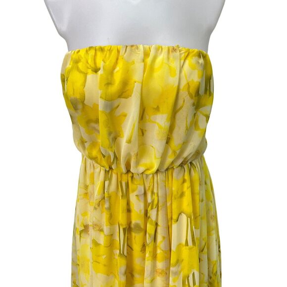 Vince Camuto Yellow Floral Print Strapless Blouson Dress 6 - Picture 3 of 7
